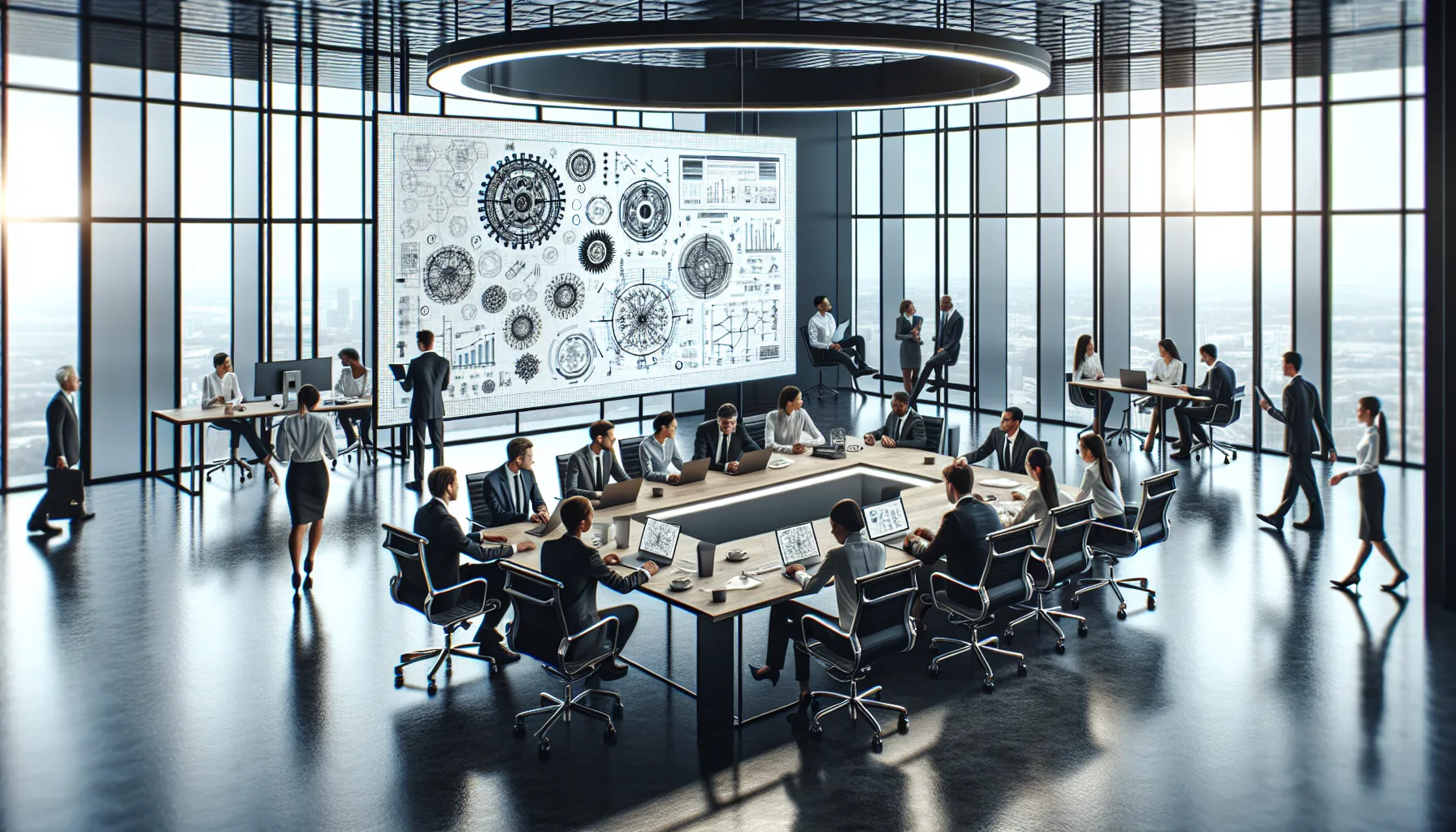 diverse team collaborating on engineering projects in a modern office.