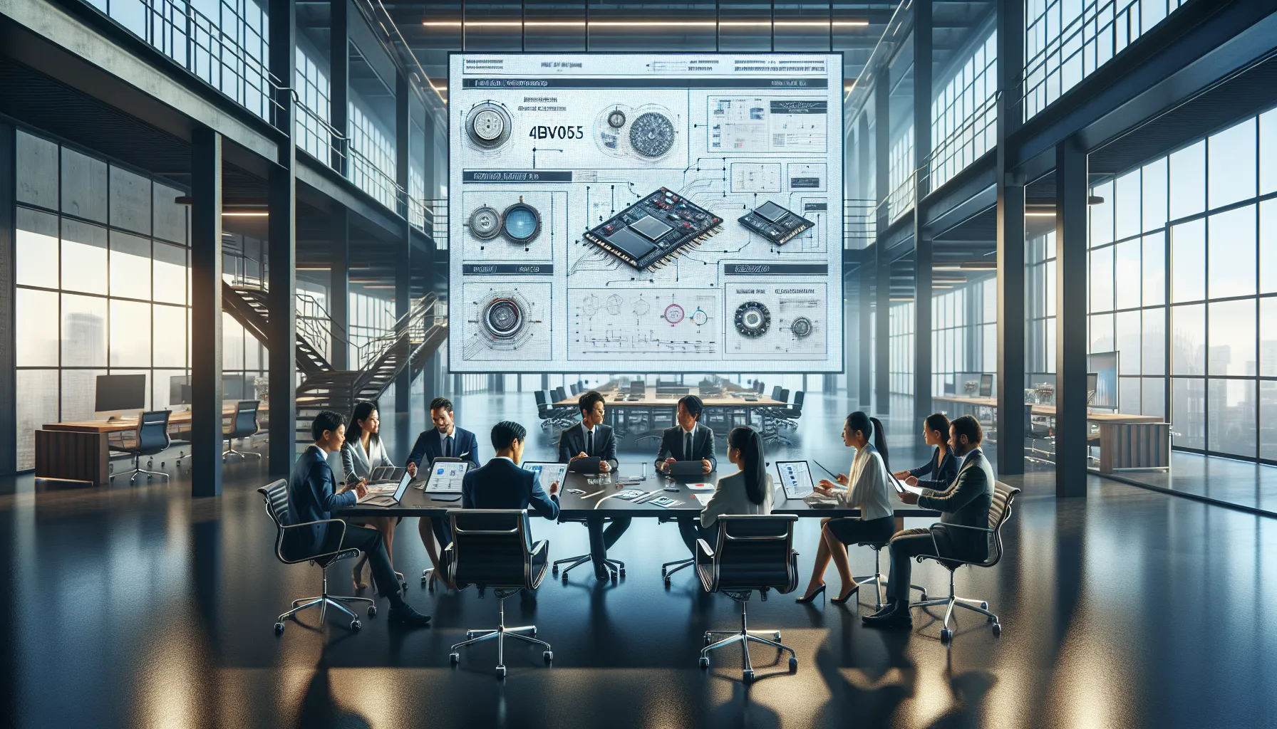 professionals discussing applications of a technology component in a modern office.