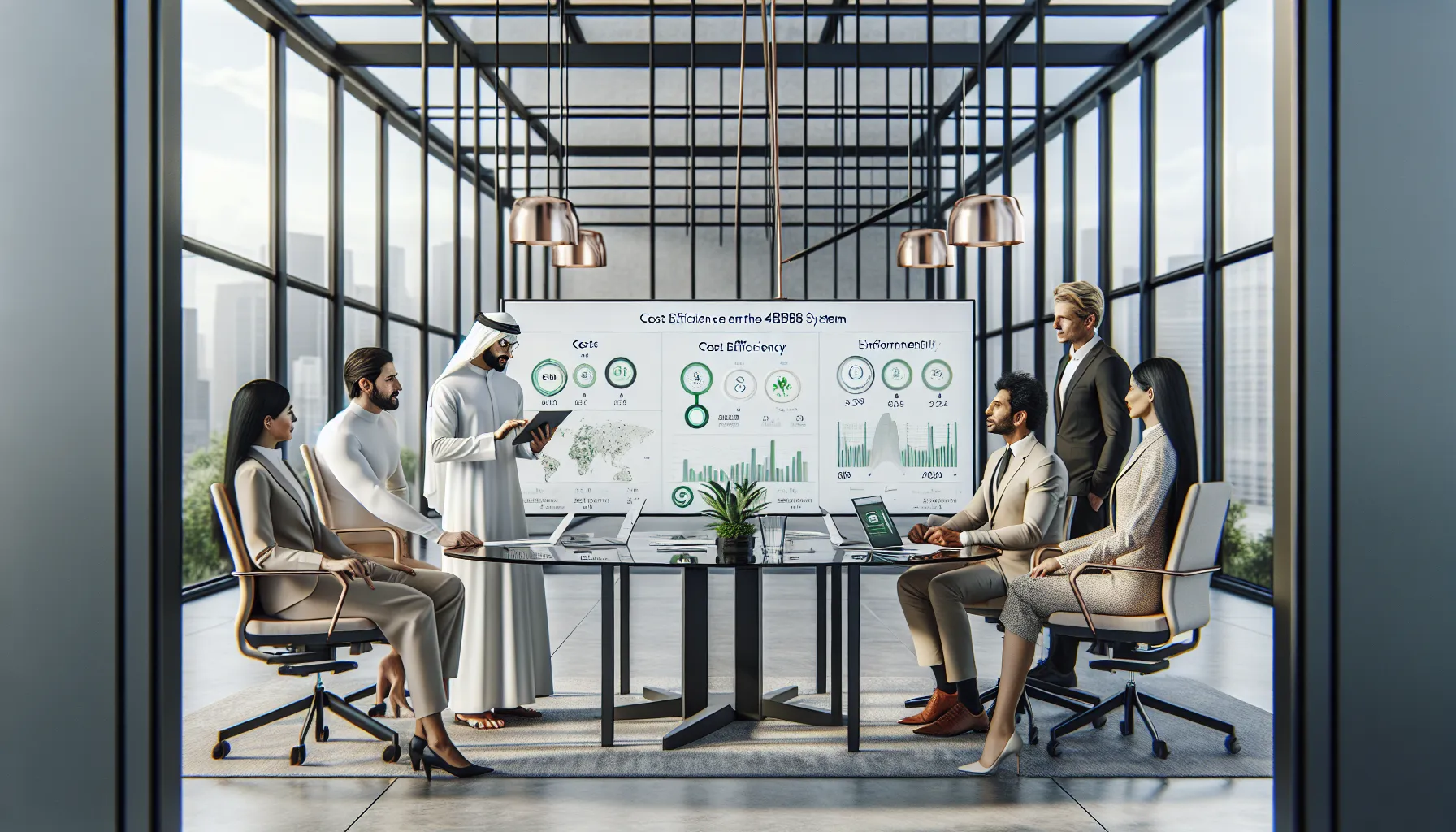 diverse professionals discussing benefits of 4BV085 in a modern office.